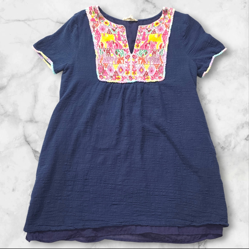 entro Navy Midi Dress with Pink & Yellow Embroidered Yoke